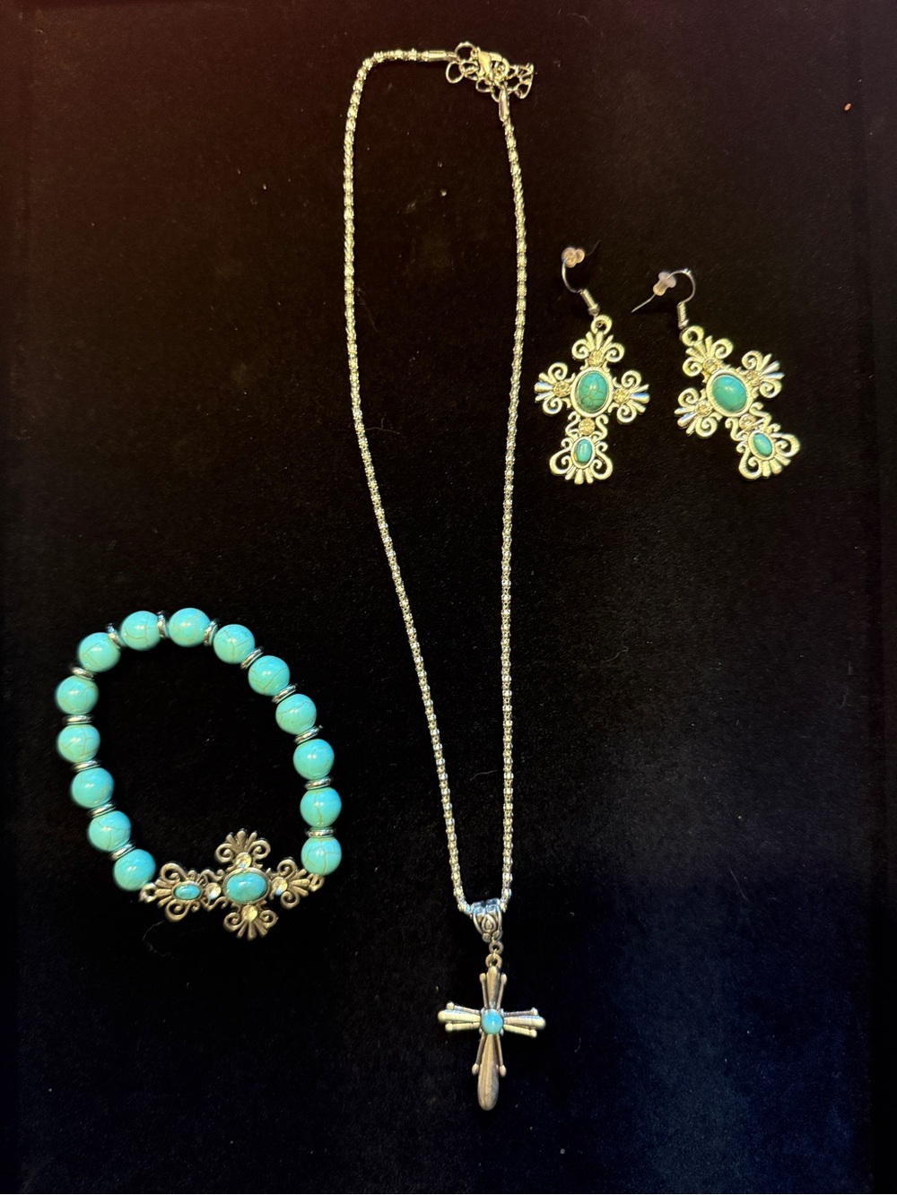 Turquoise Cross Necklace, Bracelet & Earrings Set - Silver-Tone Women’s Jewelry